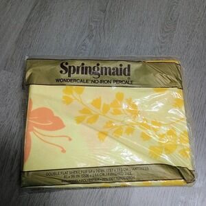 Springmaid Wonderscale No Iron Percale Yellow Floral Retro Vtg Double Flat Sheet